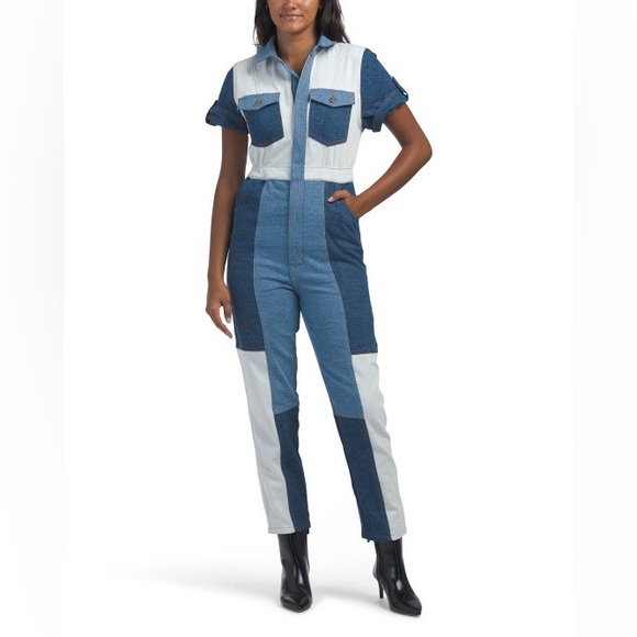 FARM Rio Denim Zip Colorblock Blue Zipper Jumpsuit 29 8 10...